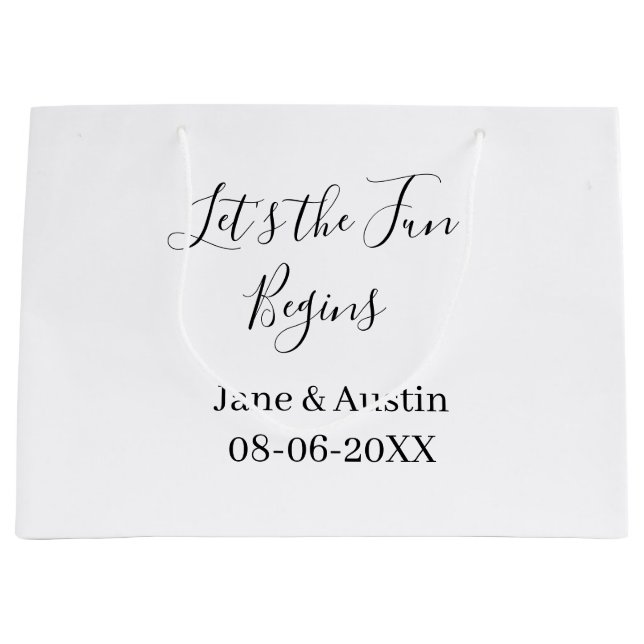 lets the fun begins wedding couple name date simpl large gift bag (Front)