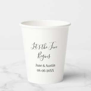 lets the fun begins wedding couple name date simpl paper cups