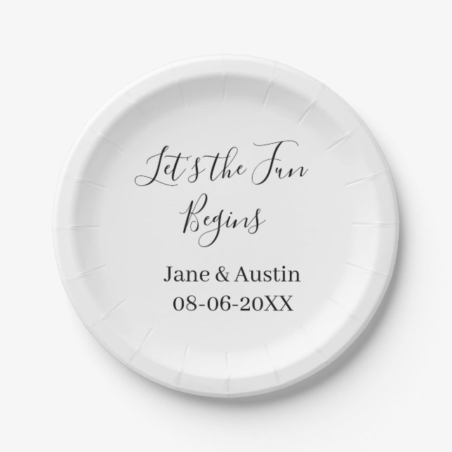 lets the fun begins wedding couple name date simpl paper plate (Front)