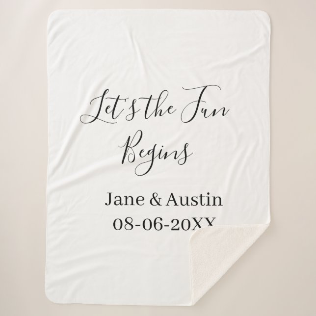 lets the fun begins wedding couple name date simpl sherpa blanket (Front)