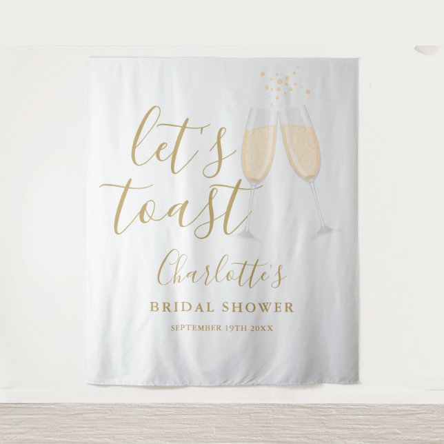 Let's Toast Bridal Shower Gold Backdrop Tapestry (Front)