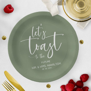 Let's Toast Chic Calligraphy Engagement Party Paper Plate