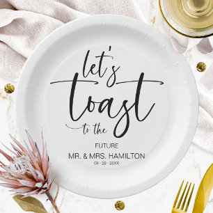 Let's Toast Chic Calligraphy Engagement Party Paper Plate