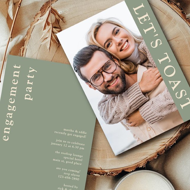 Let's Toast Green Cream Photo Engagement Party Invitation (Engagement Photo Invitation from the Engagement Party Invitations collection by Darling & May)
