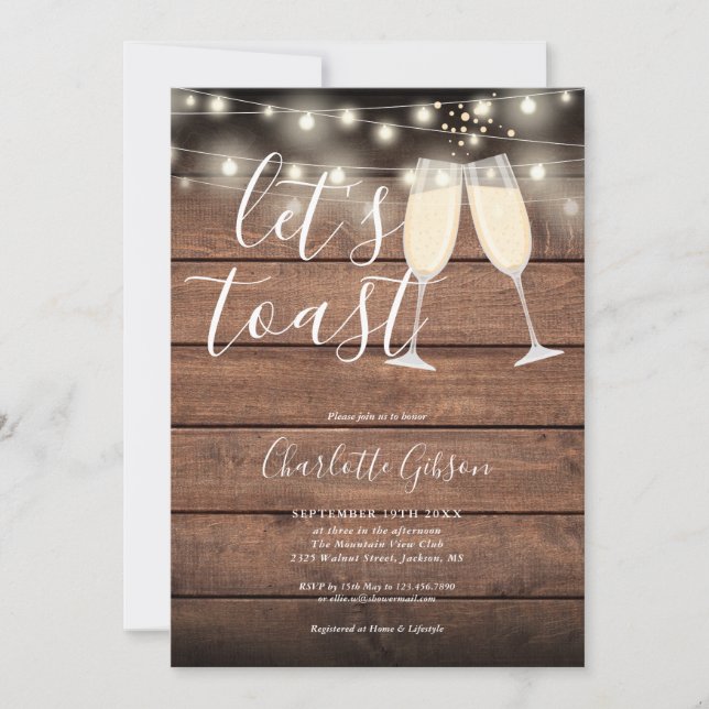 Let's Toast Rustic String Lights Bridal Shower Invitation (Front)