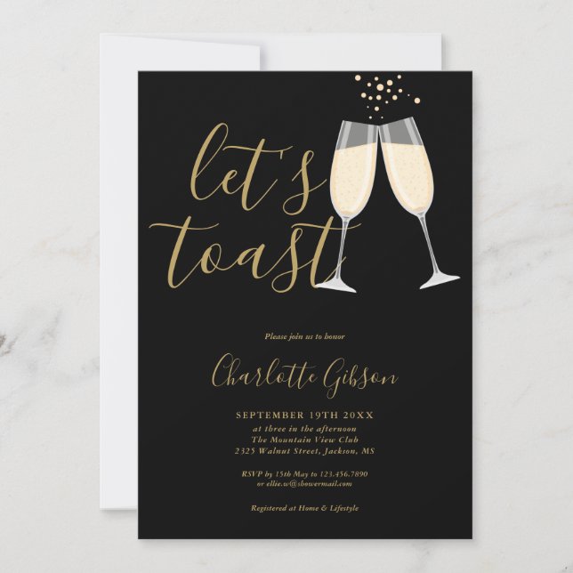 Let's Toast Script Bridal Shower Black And Gold Invitation (Front)