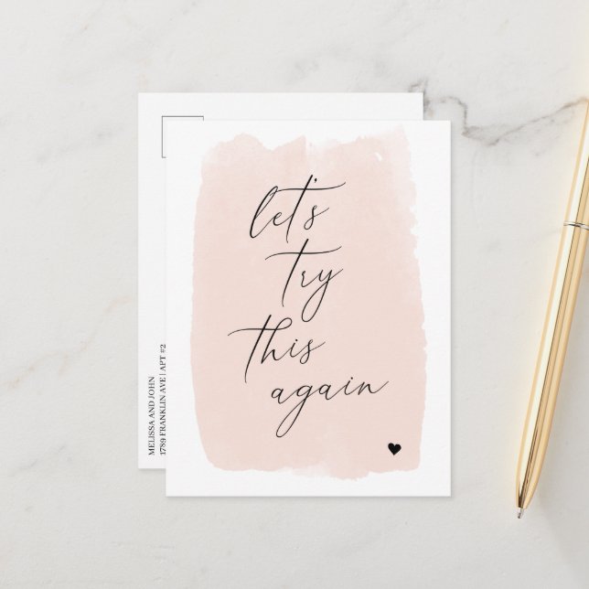Let's Try This Again | Blush Pink Calligraphy Announcement Postcard (Front/Back In Situ)