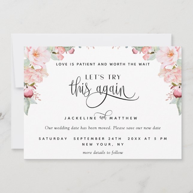 Let's Try This Again, Blush Pink Rose Gold Floral Save The Date (Front)