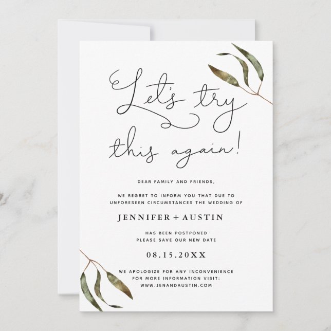 Let's Try This Again Rustic Greenery Wedding Save The Date (Front)