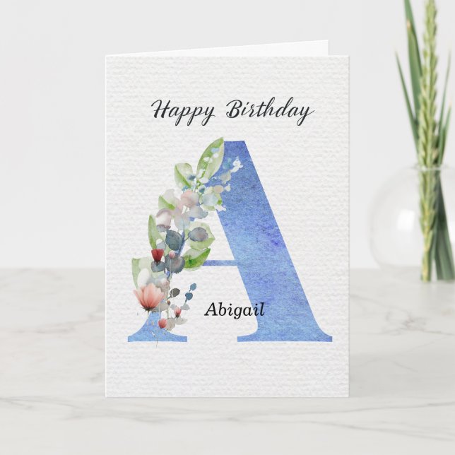 Letter A Birthday Custom Name Her Blue Monogram Card (Front)