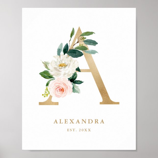 Letter A Blush Floral Monogram Gold Foil Nursery Poster (Front)