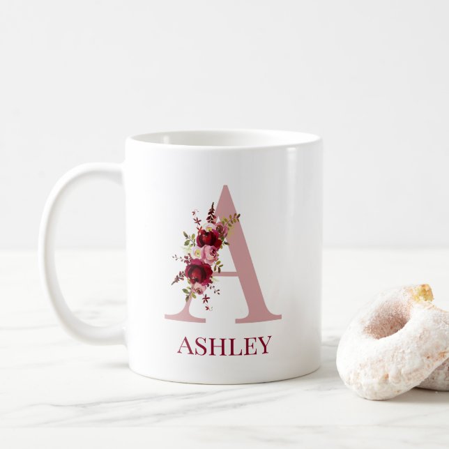 Letter A Burgundy Blush Floral Coffee Mug (With Donut)
