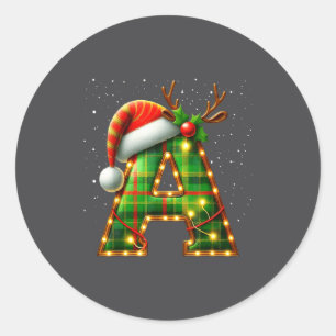 Letter A Christmas Plaid Santa Hat Monogram Initia Classic Round Sticker
