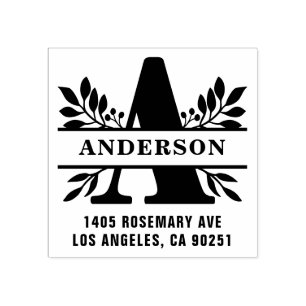 Letter A Classic Foliage Family Monogram Address Rubber Stamp