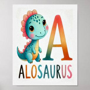 Letter A, Dinosaur Alphabet Watercolor Poster