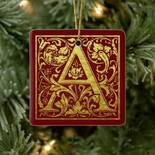 Letter A First Letter Faux Gold and Red Ceramic Ornament