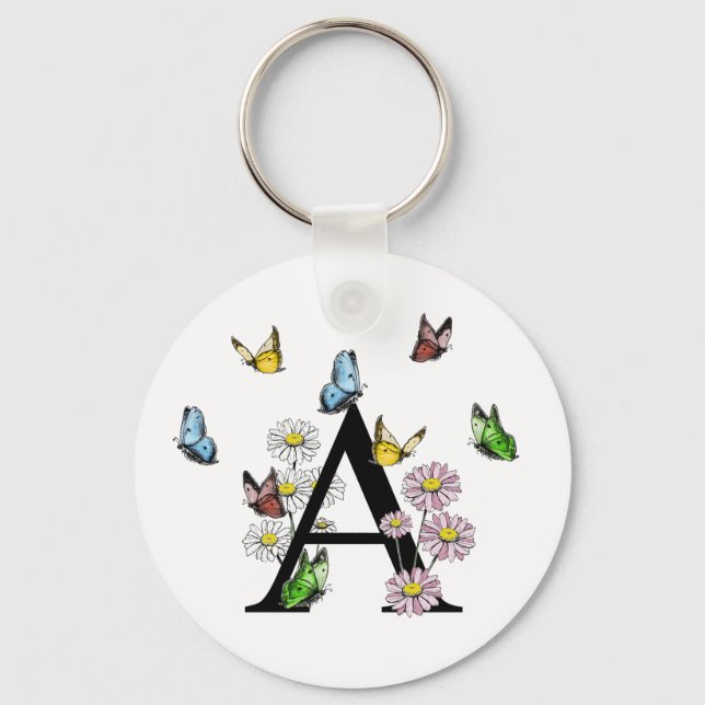 Letter A Floral Butterfly Monogram Initial  Key Ring (Front)