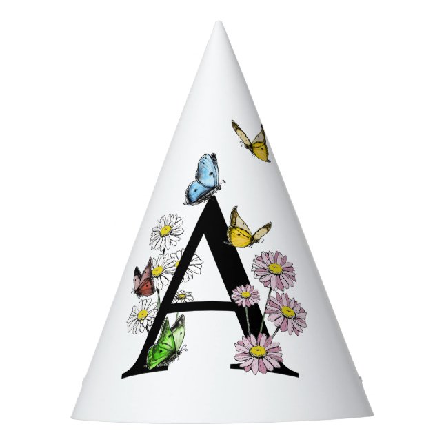 Letter A Floral Butterfly Monogram Initial   Party Hat (Front)