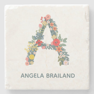 Letter A floral garden monogram personalised Stone Coaster
