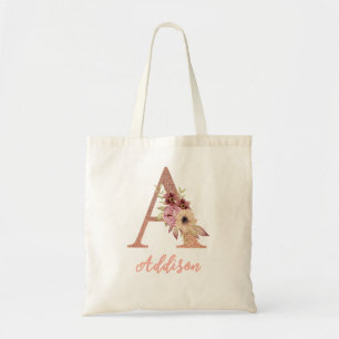 Letter A Floral Monogram with Personalised Name Tote Bag