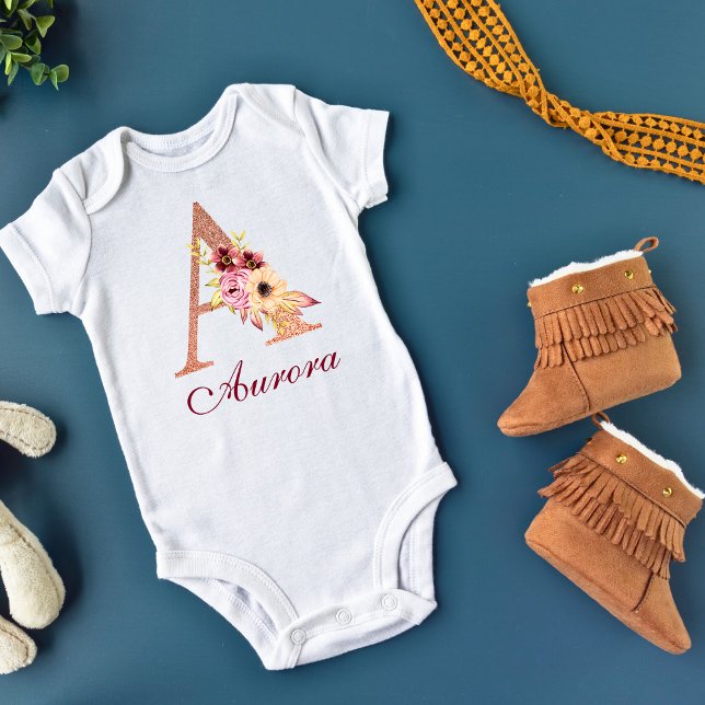 Letter A Floral Rose Gold Monogram Baby Bodysuit (Creator Uploaded)