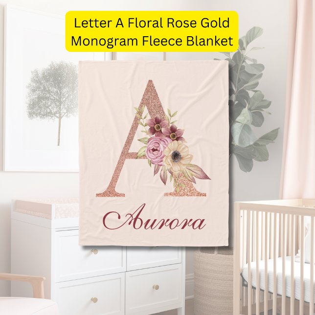 Letter A Floral Rose Gold Monogram Fleece Blanket (Creator Uploaded)