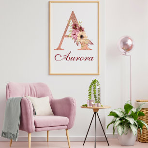 Letter A Floral Rose Gold Monogram Nursery Poster