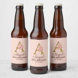 Letter A Gold Monogram Blush Pink Roses Beer Bottle Label