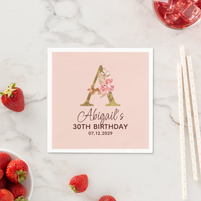 Letter A Gold Monogram Blush Pink Roses Napkin (Insitu)