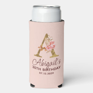 Letter A Gold Monogram Blush Pink Roses Seltzer Can Cooler
