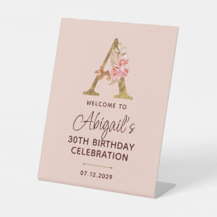 Letter A Gold Monogram Blush Pink Roses Sign