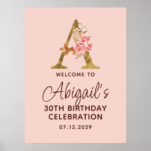 Letter A Gold Monogram Blush Pink Roses Welcome Poster