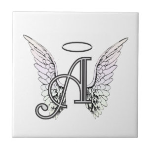Letter A Initial Monogram with Angel Wings & Halo Ceramic Tile
