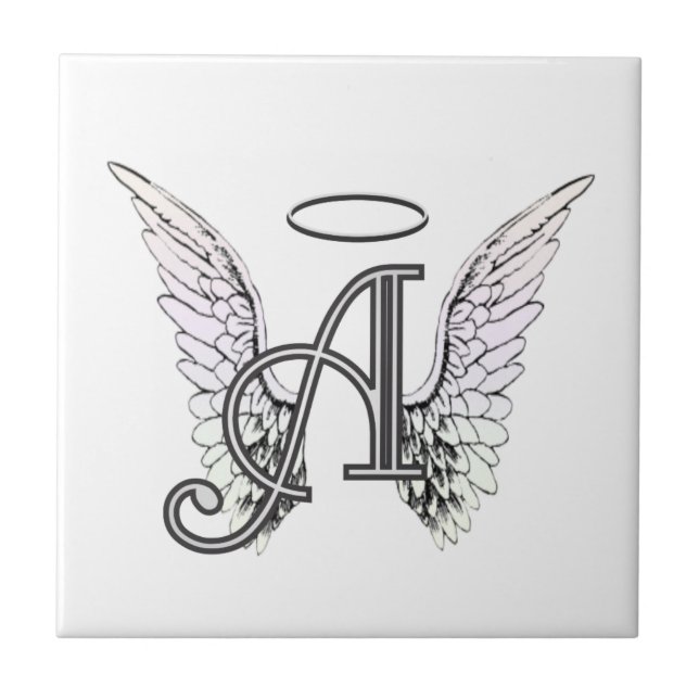 Letter A Initial Monogram with Angel Wings & Halo Ceramic Tile (Front)