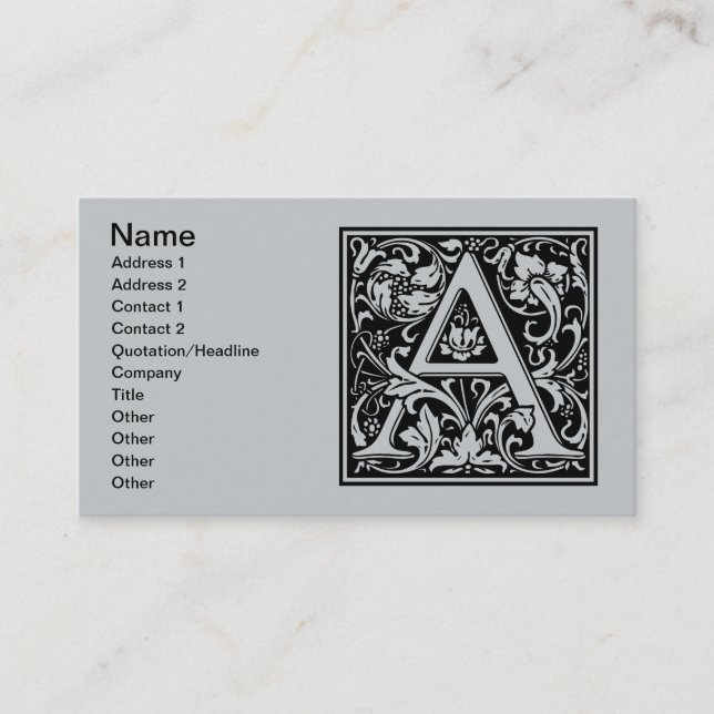 Letter A Mediaeval Monogram Art Nouveau Business Card (Front)