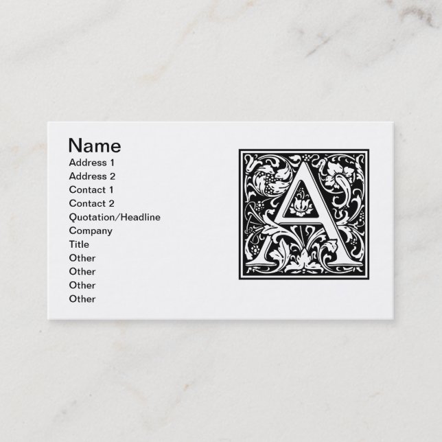Letter A Mediaeval Monogram Art Nouveau Business Card (Front)