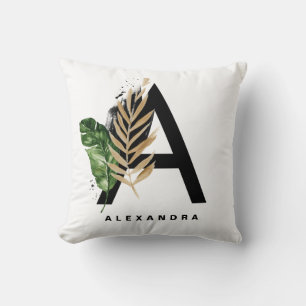  Letter A Monogram Gold Foil Tropical Leaves Cushion