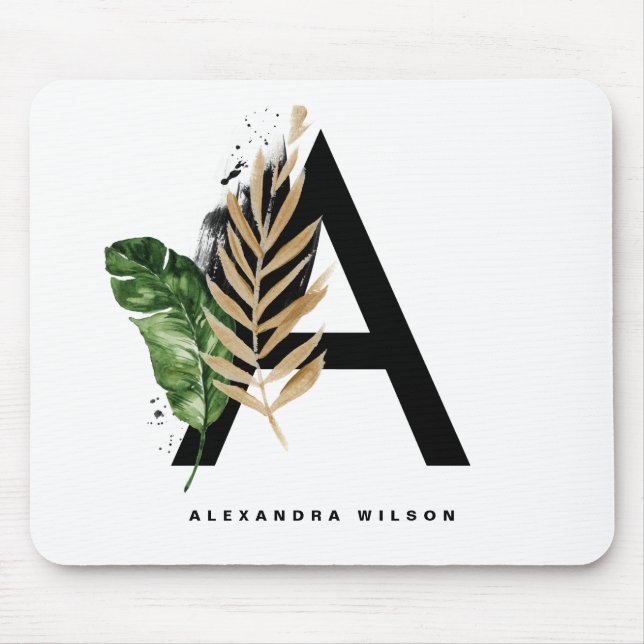  Letter A Monogram | Gold Foil Tropical Monogram Mouse Pad (Front)