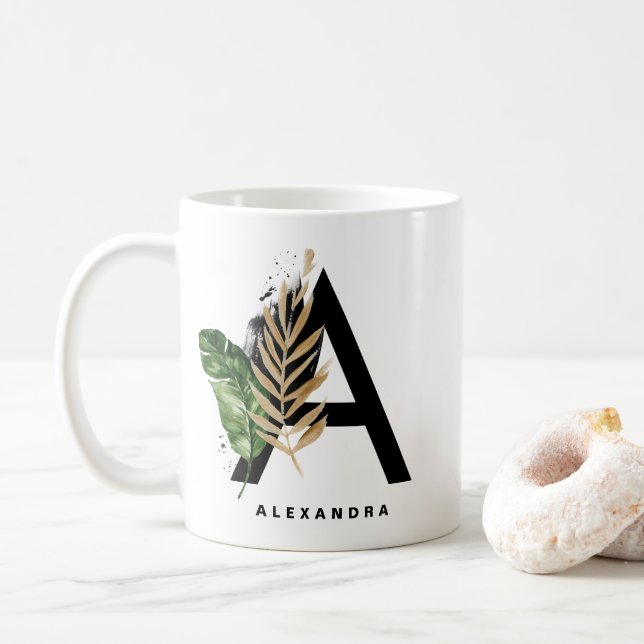  Letter A Monogram Gold Foil Tropical Personalised Coffee Mug (With Donut)
