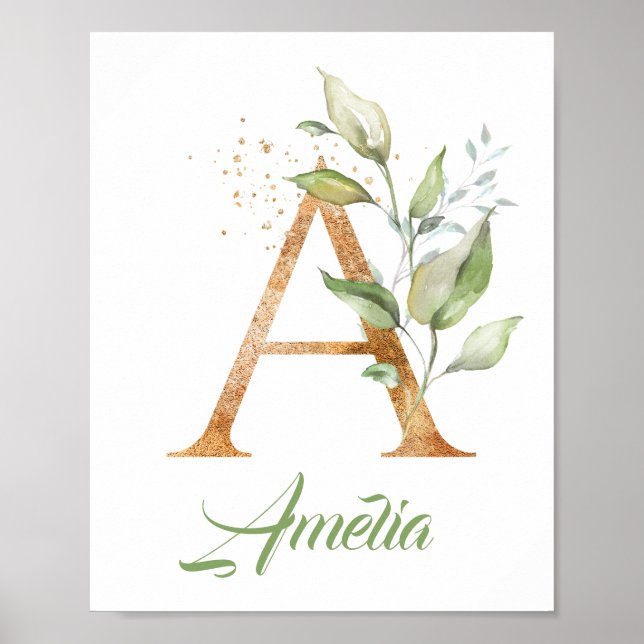 Letter A monogram greenery eucalyptus gold  Poster (Front)