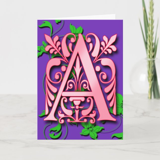 Letter A Monogram Initial on Pink Purple Cards (Front)