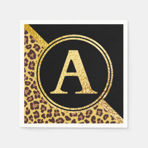 Letter A Monogram Leopard Print Gold and Black Napkin