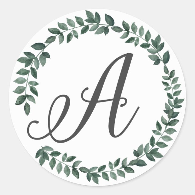 Letter A Monogram Minimalist Botanical Leaf Wreath Classic Round Sticker (Front)