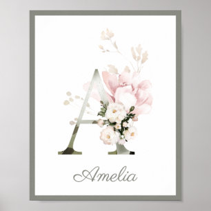Letter A Monogram Pink Peony Roses Nursery Poster