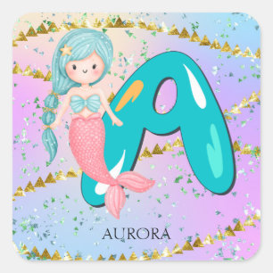 Letter A Monogram Watercolor Cute Mermaid Nursery Square Sticker
