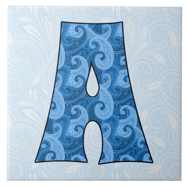 Letter A - Monogrammed Blue Paisley Tile (Front)