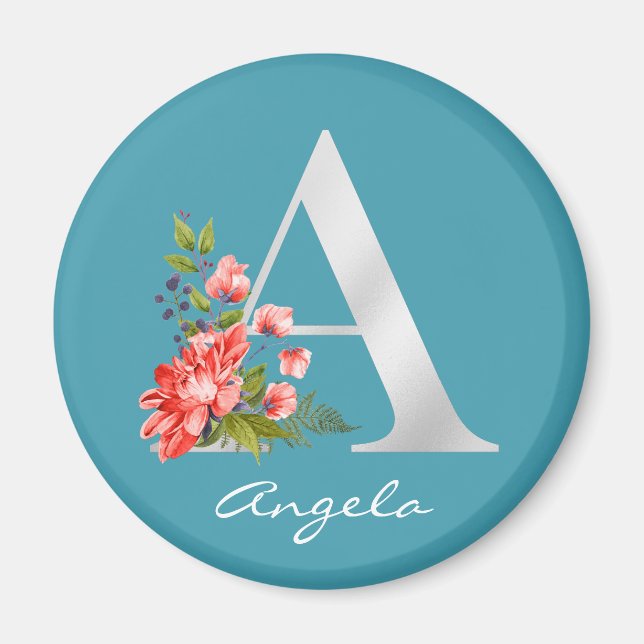 Letter A | Name | Floral White Metallic Monogram   Magnet (Front)