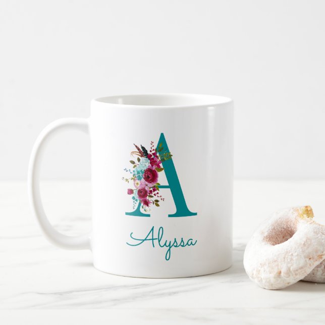 Letter A Teal Pink Floral Coffee Mug (With Donut)