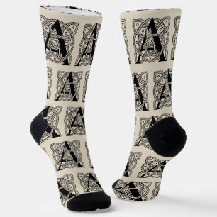 Letter A Vintage Celtic Knot Monogram Socks