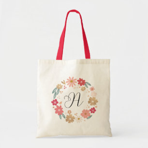 Letter A   Whimsical Floral Letter Monogram Tote Bag